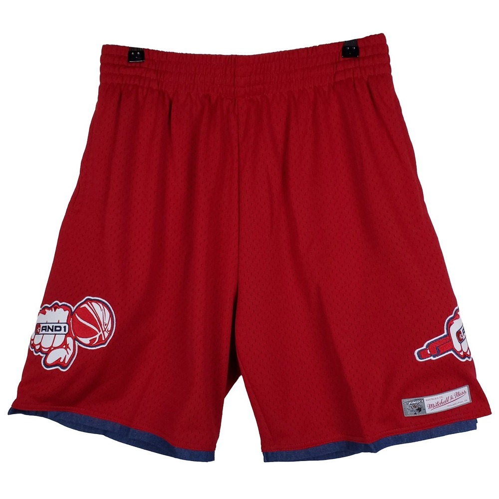 AND1 Mixtape Mitchell & Ness Large Jersey‎ Shorts Fist Mic Red Navy Denim NWT